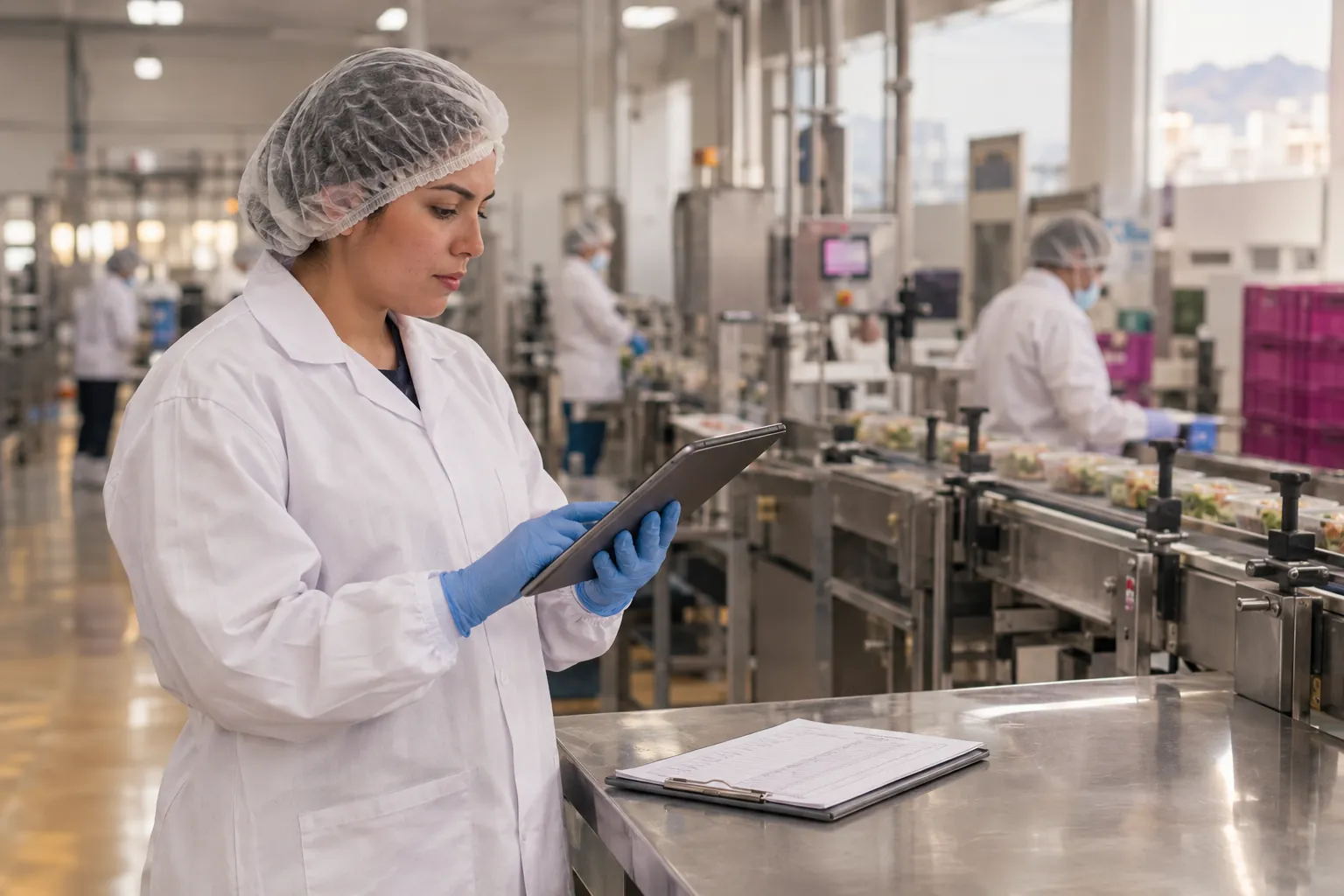 Inspectora de calidad con una tablet y un registro en papel junto a una línea de producción de alimentos